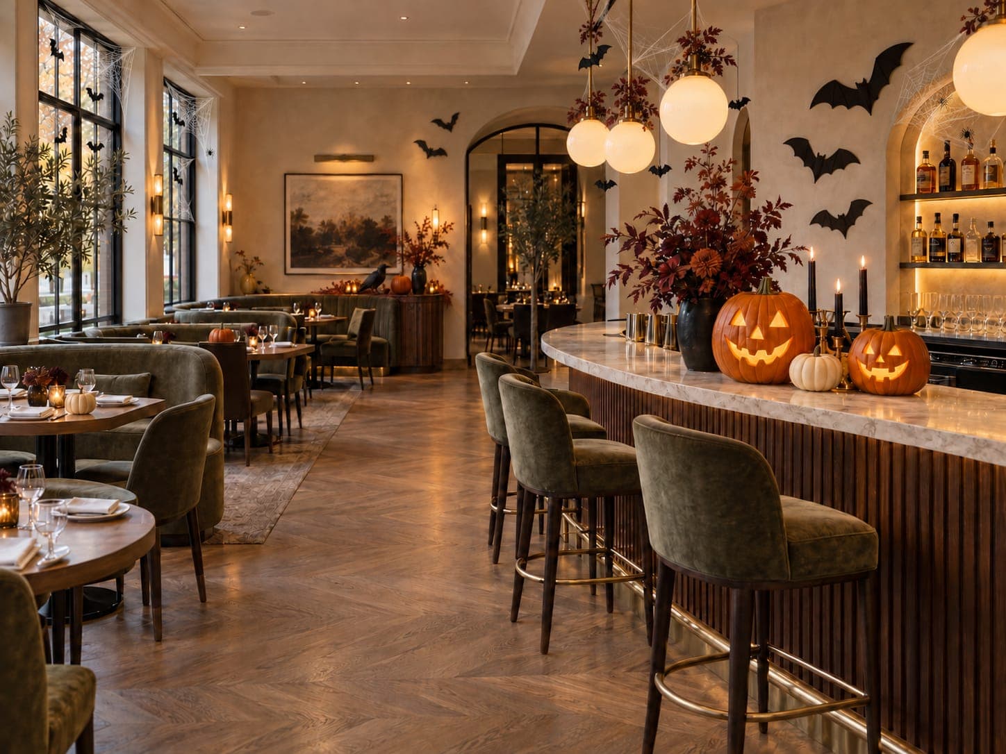 Depois: Um restaurante decorado para o Halloween