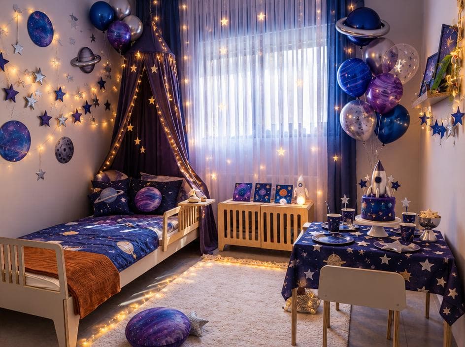 Um quarto de criança decorado para um aniversário com tema espacial