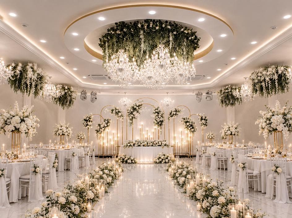 Um salão de festas decorado para um casamento