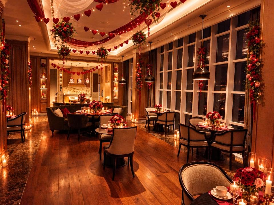 Um restaurante decorado para o Dia dos Namorados
