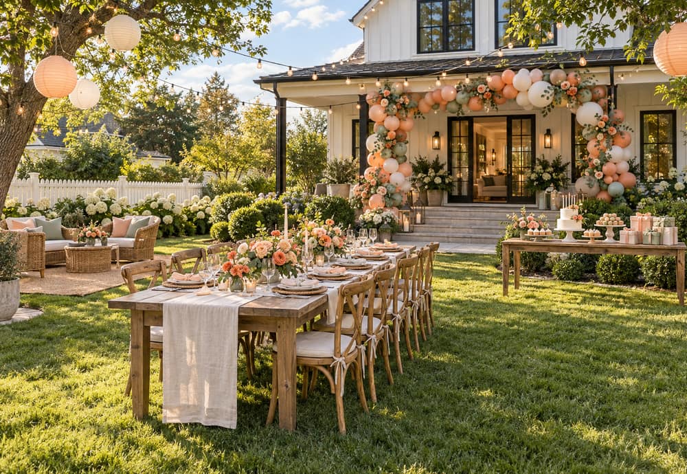 Depois: Um quintal decorado para uma festa ao ar livre
