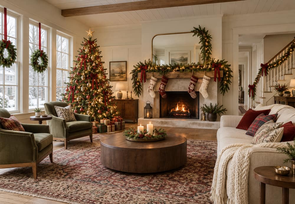 Depois: Uma sala de estar decorada para o Natal