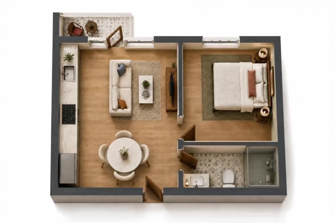 Vista 3D mobiliada de um apartamento de um quarto
