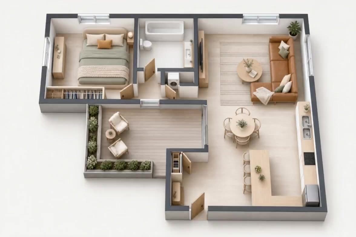 Vista 3D mobiliada de um apartamento com terraço com plantas