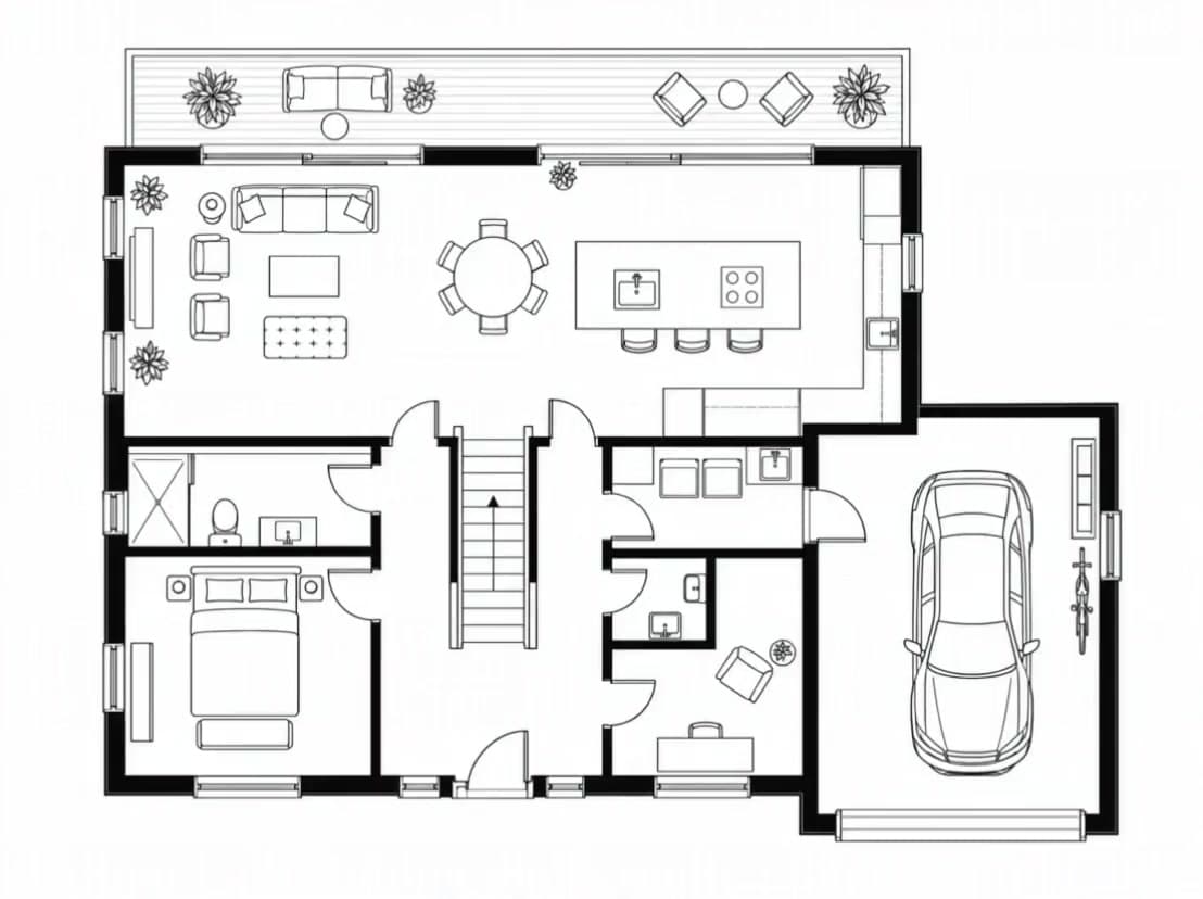 Planta baixa transformada em vista 3D mobiliada: Casa