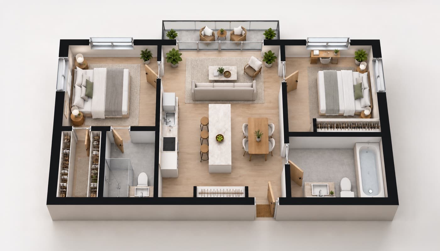 Planta baixa em vista 3D no estilo Moderno
